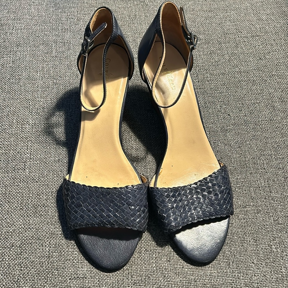 Cole Haan Navy Braided Ankle Strap Wedge Heels